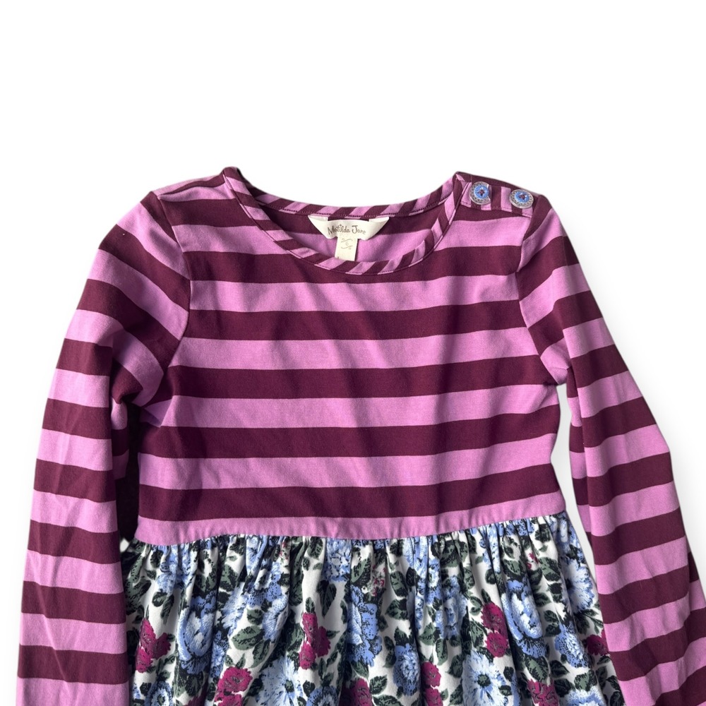 Matilda Jane Girls Long Sleeve Striped Floral Ruffled Dress Size 6 - Picture 3 of 5